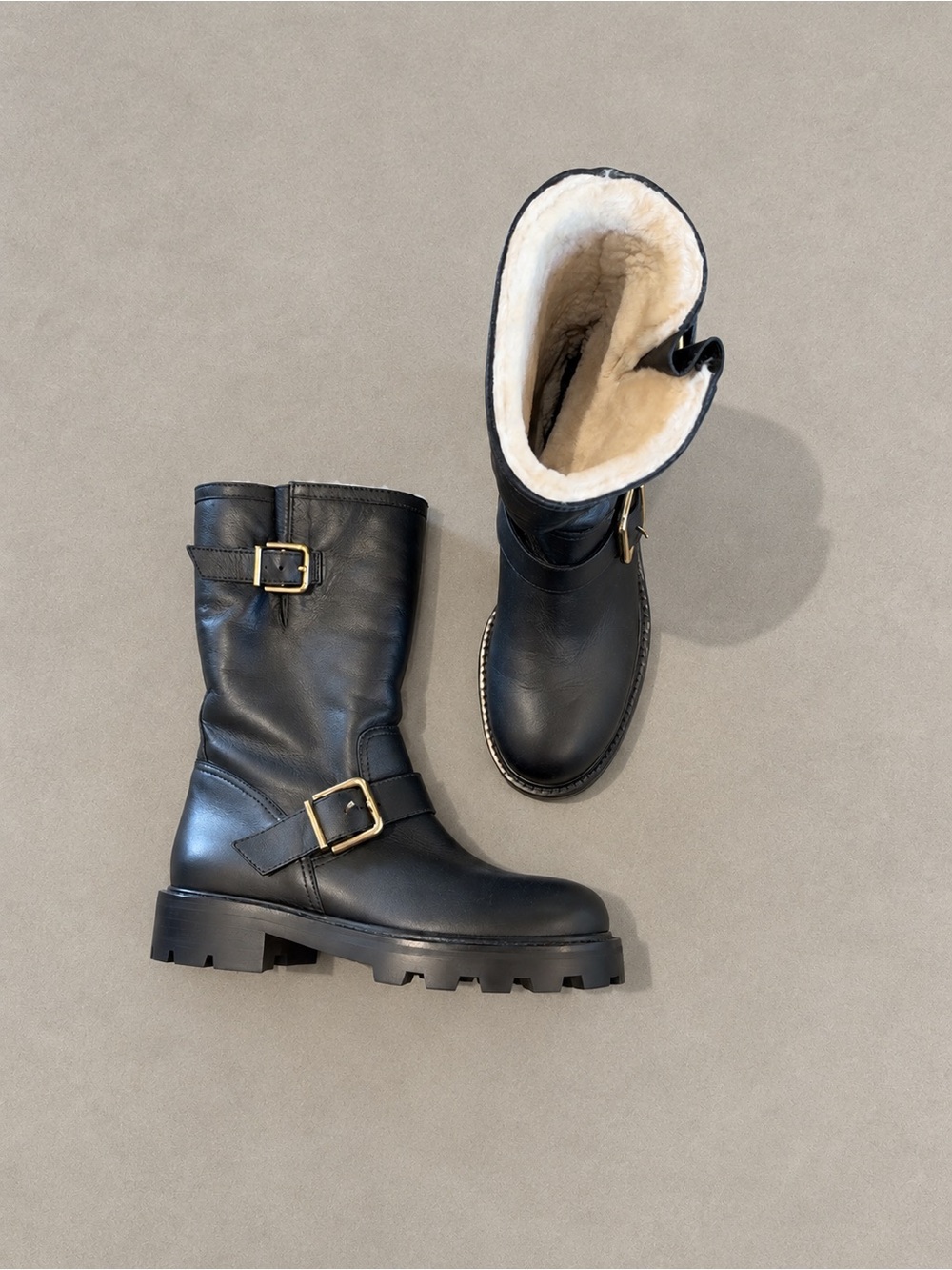 Black leather with Shearling Biker Boots with gold Buckle Detail